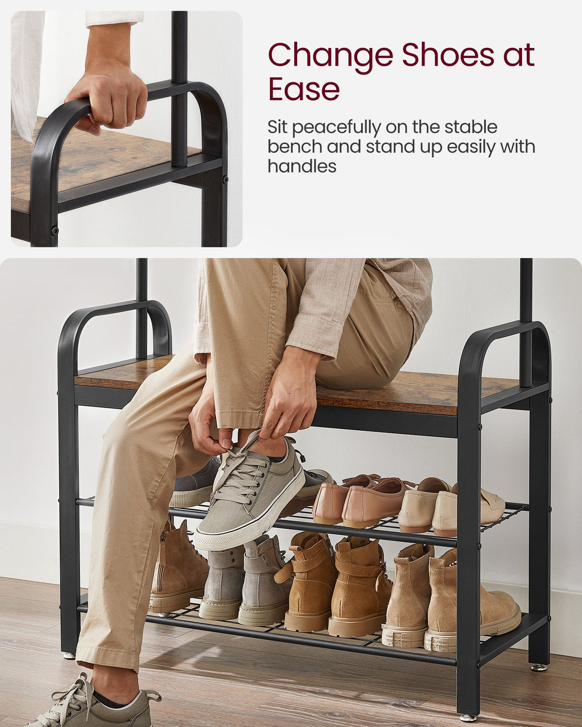 Coat Rack, Hall Tree with Shoe Bench for Entryway, Industrial Accent Furniture with Steel Frame