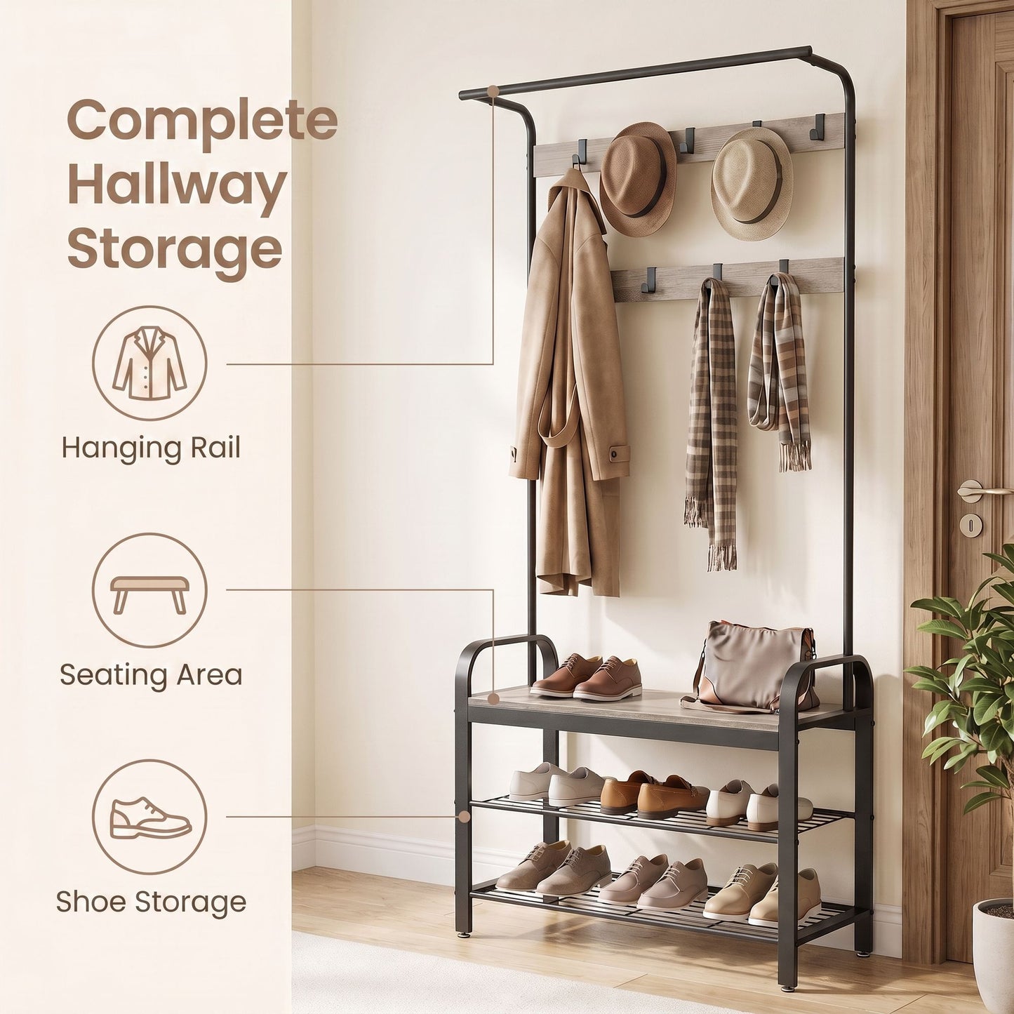 Coat Rack, Hall Tree with Shoe Bench, Entryway Bench with Coat Rack - image 8