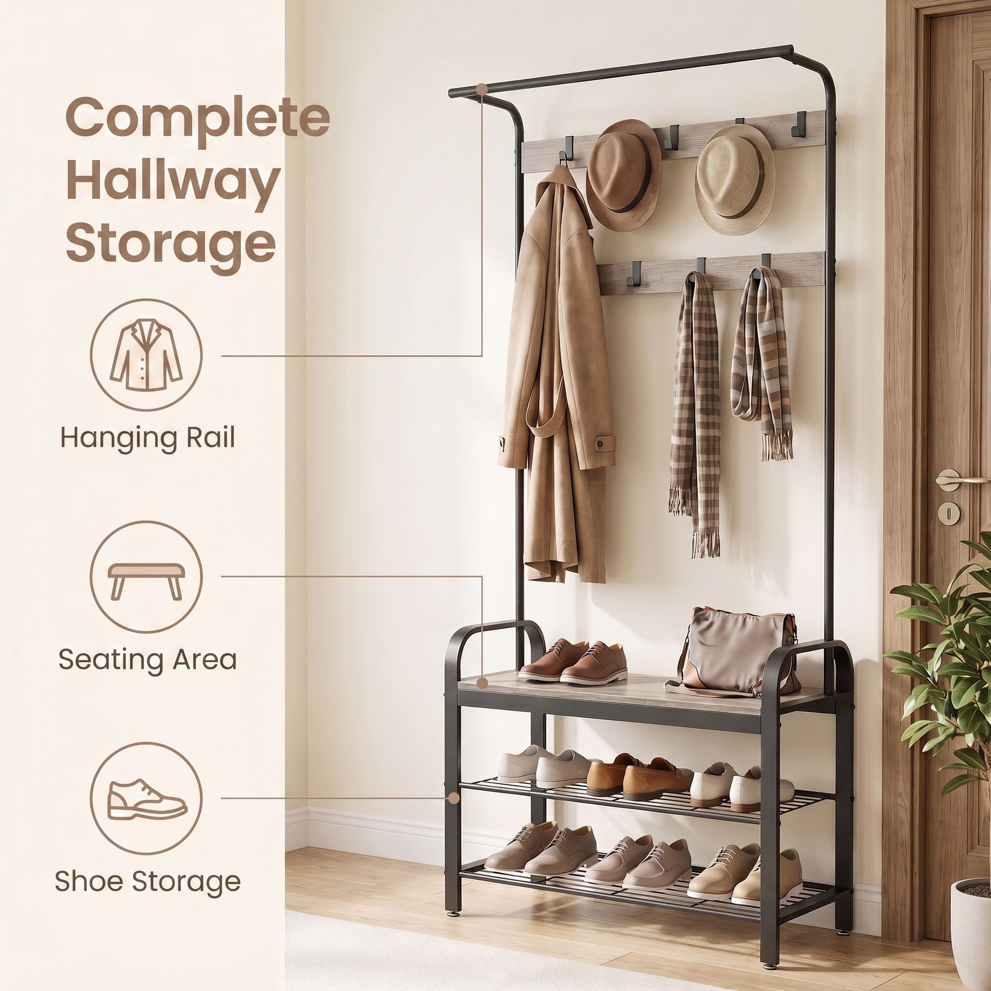 Coat Rack, Hall Tree with Shoe Bench, Entryway Bench with Coat Rack - image 8
