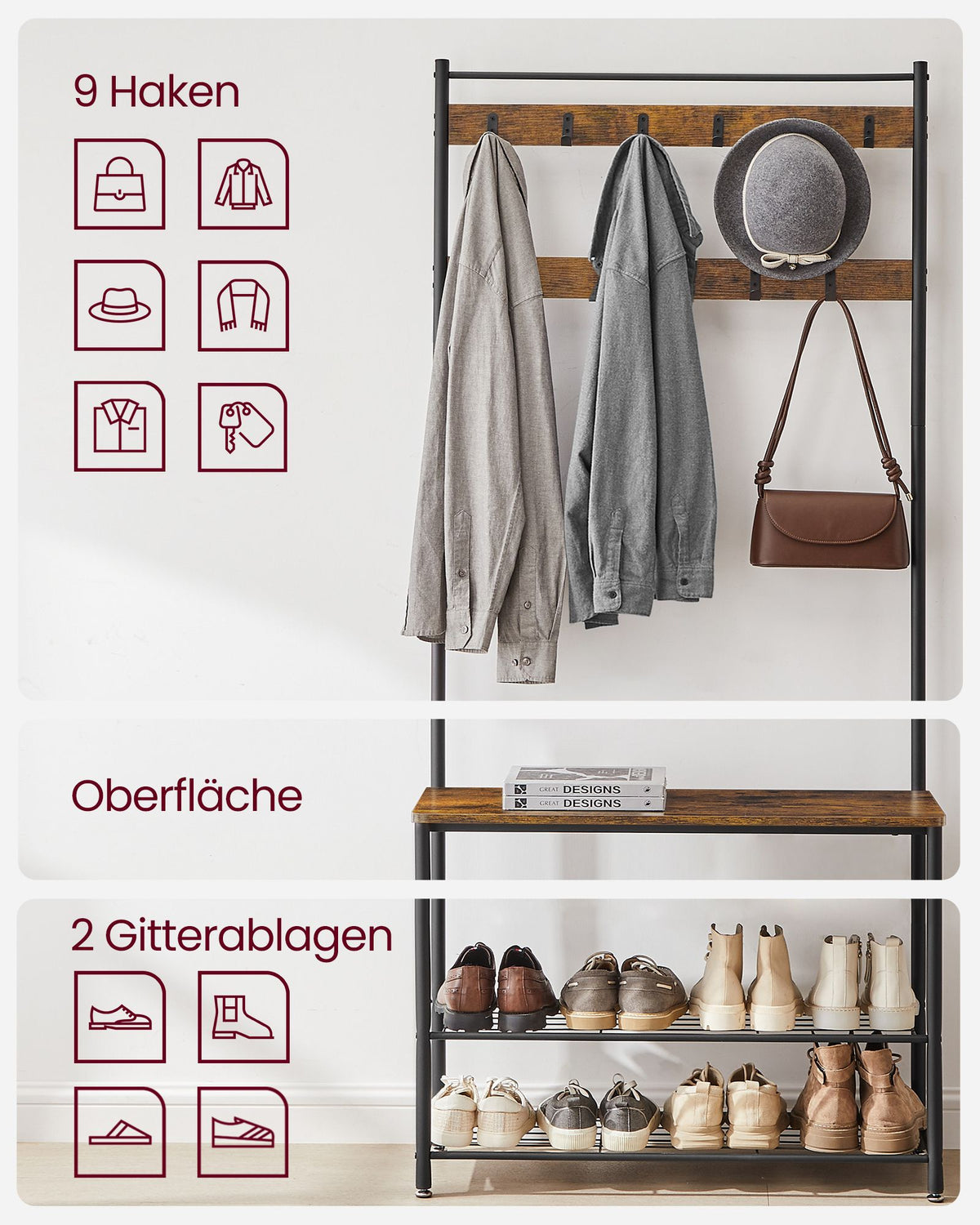 Coat Rack, Coat Stand with Shoe Storage Bench