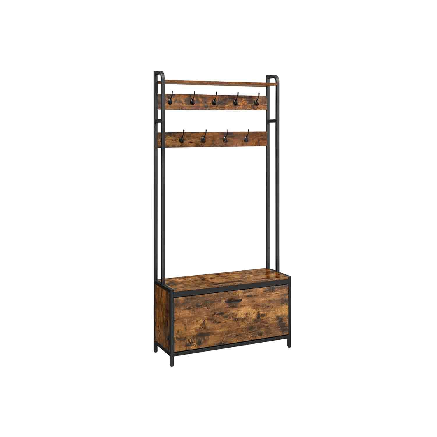 Coat Rack with Shoe Storage, Hall Tree with Bench, 9 Hooks and Top Shelf - image 1
