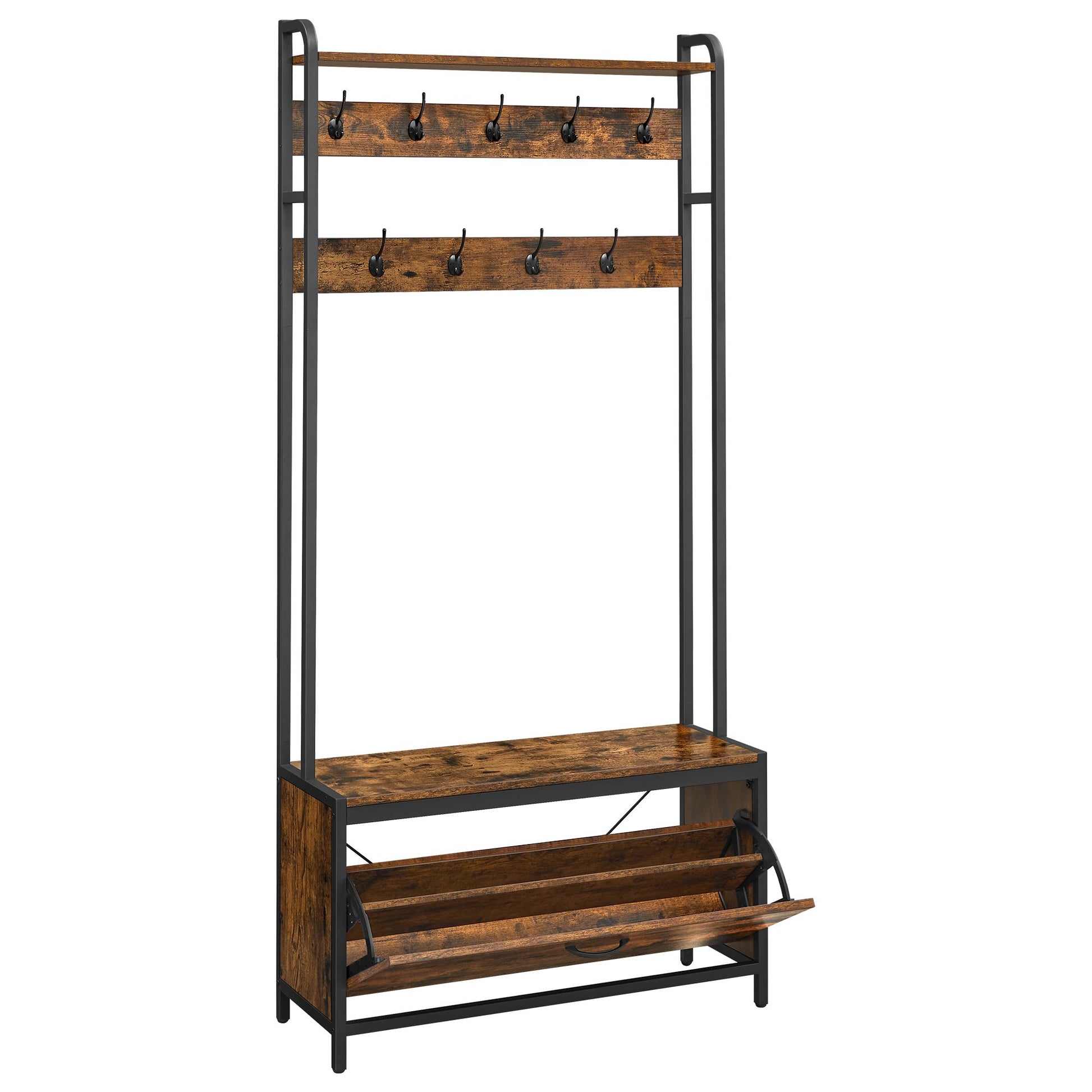 Coat Rack with Shoe Storage, Hall Tree with Bench, 9 Hooks and Top Shelf - image 2