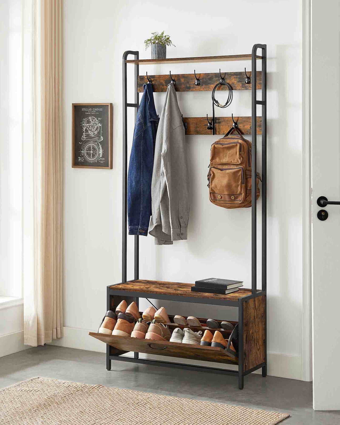Coat Rack with Shoe Storage, Hall Tree with Bench, 9 Hooks and Top Shelf - image 3