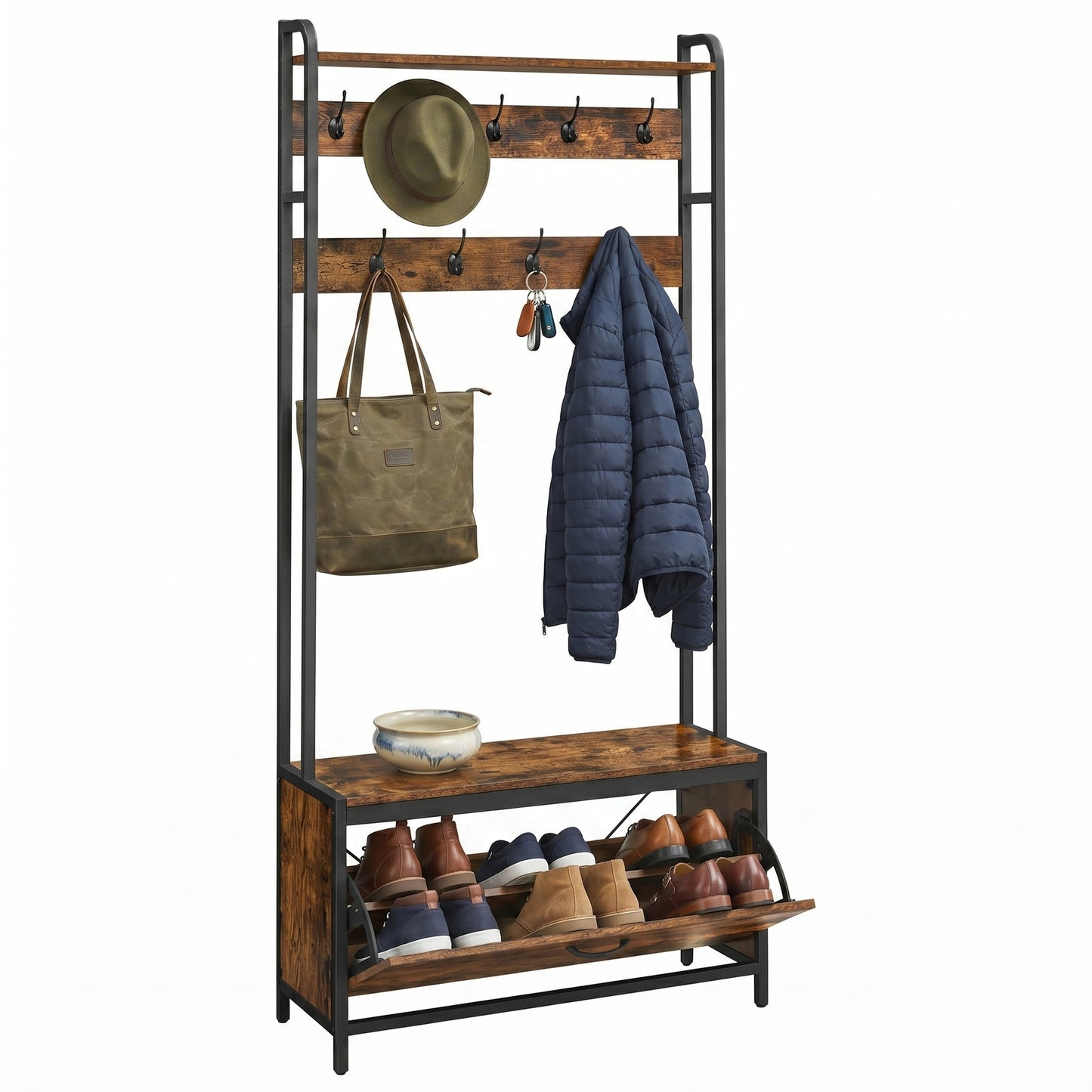 Coat Rack with Shoe Storage, Hall Tree with Bench, for Hallway - image 2