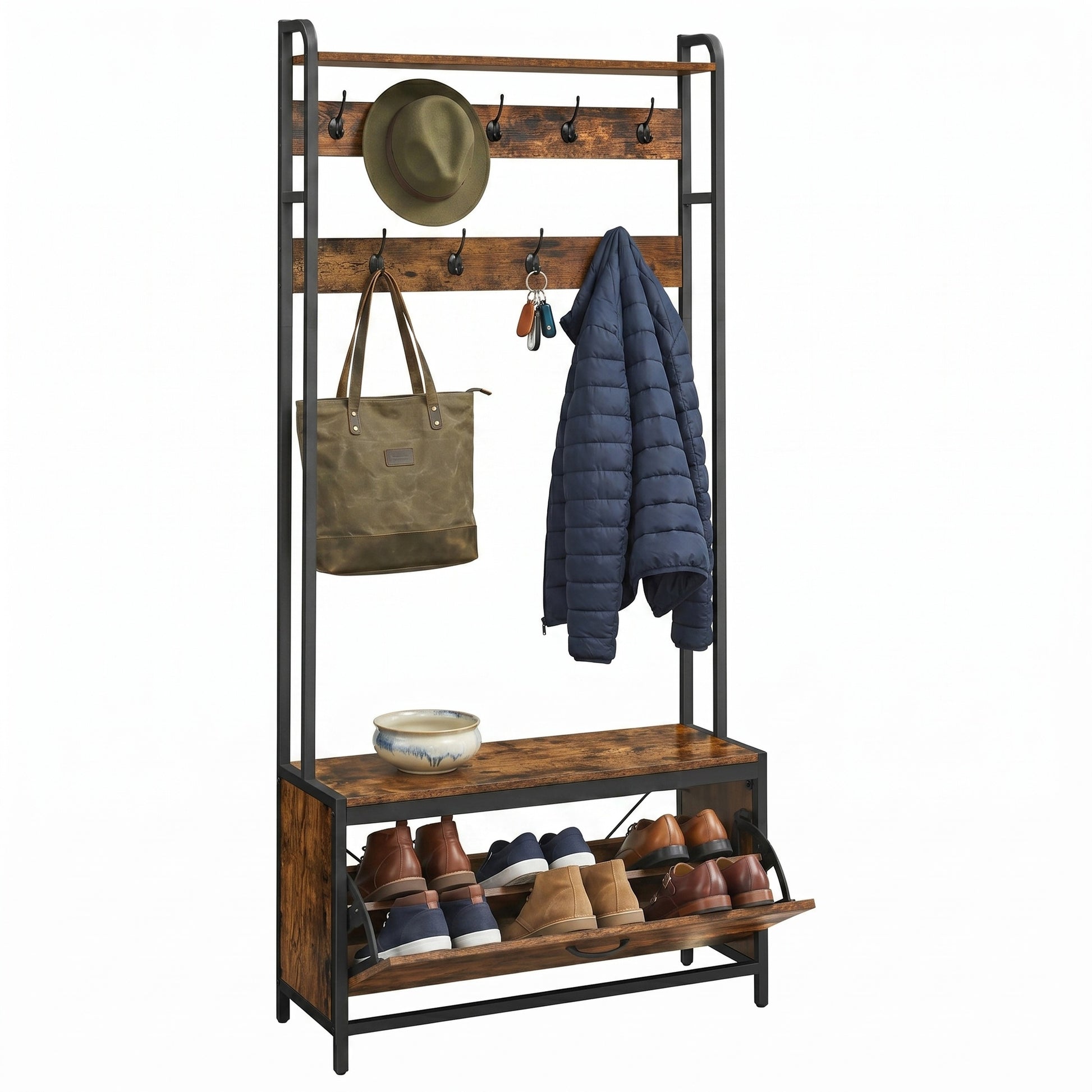 Coat Rack with Shoe Storage, Hall Tree with Bench, for Hallway - image 2