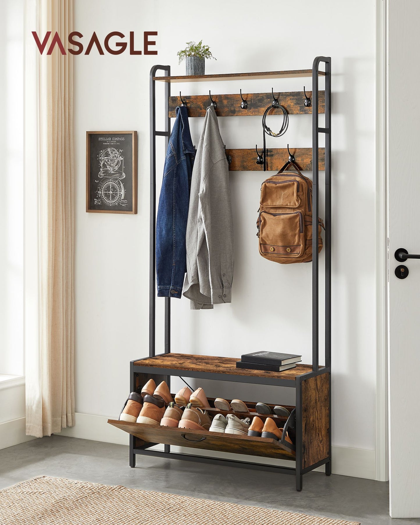 Coat Rack with Shoe Storage, Hall Tree with Bench, 9 Hooks and Top Shelf - image 4