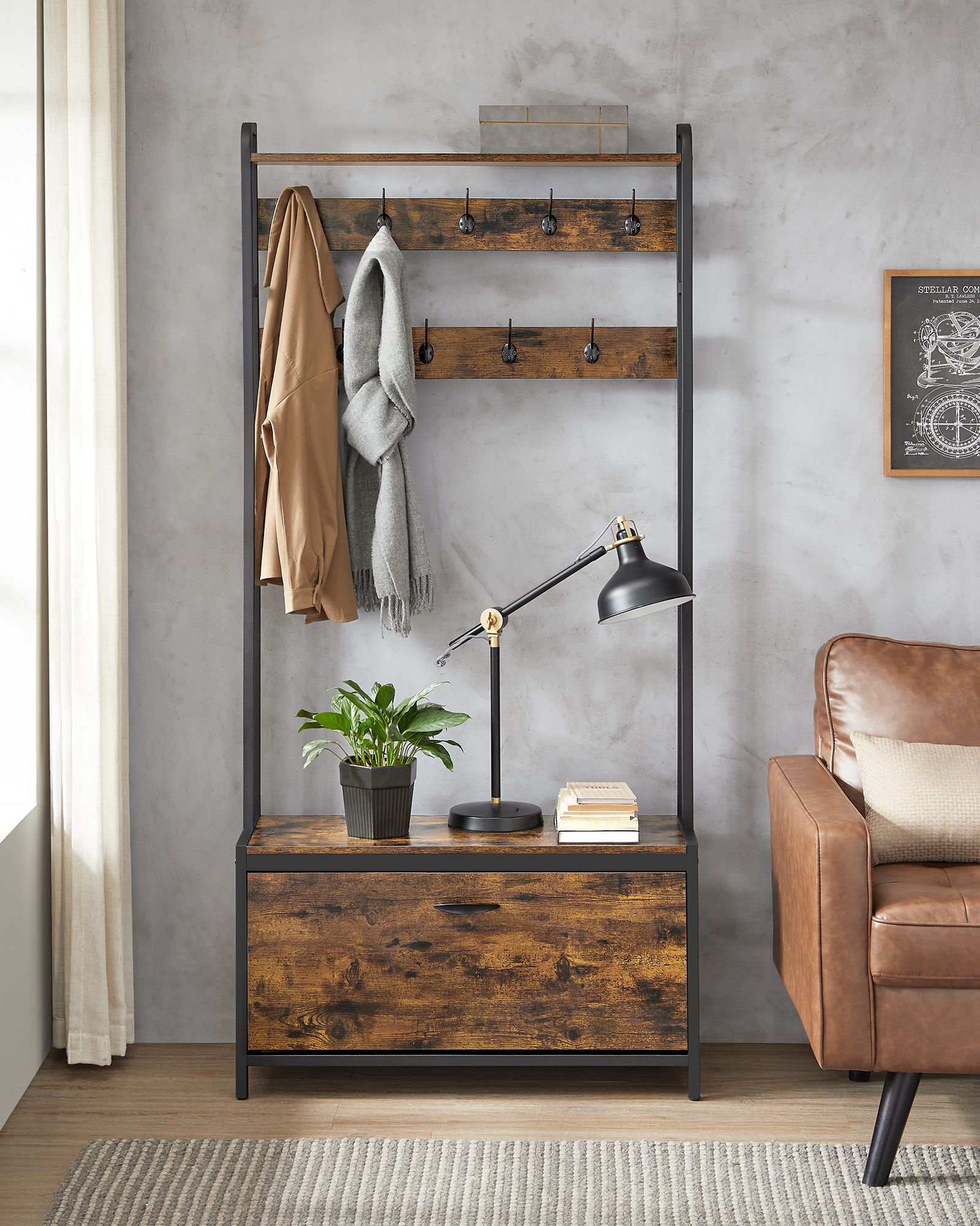 Coat Rack with Shoe Storage, Hall Tree with Bench, 9 Hooks and Top Shelf - image 5