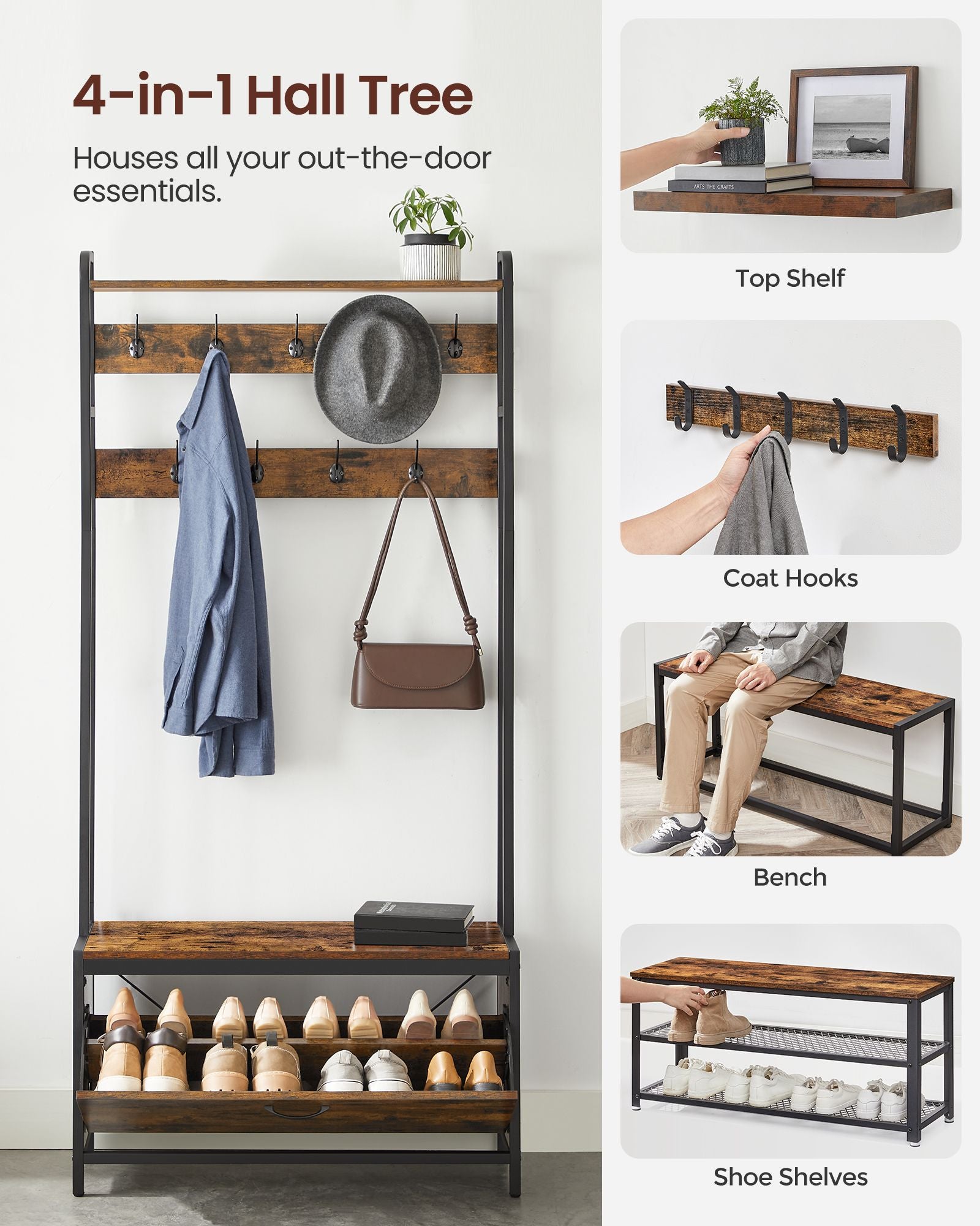 Coat Rack with Shoe Storage, Hall Tree with Bench, 9 Hooks and Top Shelf - image 6