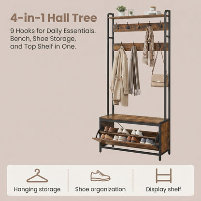 Coat Rack with Shoe Storage, Hall Tree with Bench, for Hallway - image 6