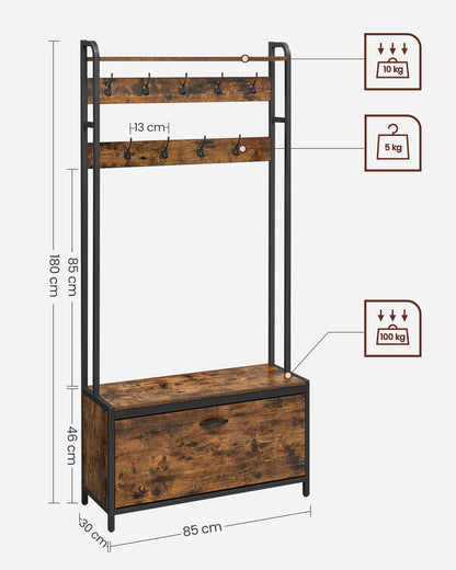 Coat Rack with Shoe Storage, Hall Tree with Bench, 9 Hooks and Top Shelf - image 8