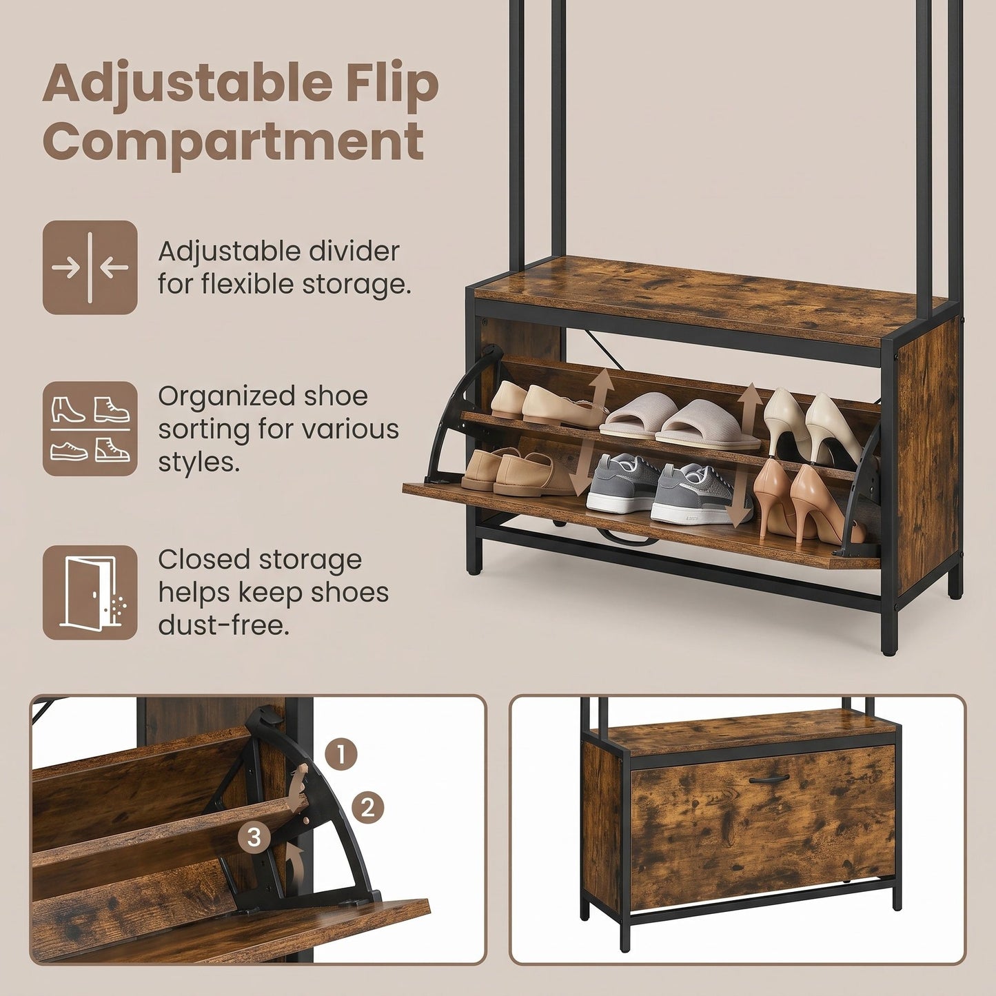 Coat Rack with Shoe Storage, Hall Tree with Bench, for Hallway - image 7