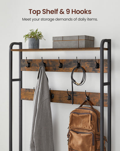 Coat Rack with Shoe Storage, Hall Tree with Bench, 9 Hooks and Top Shelf - image 9