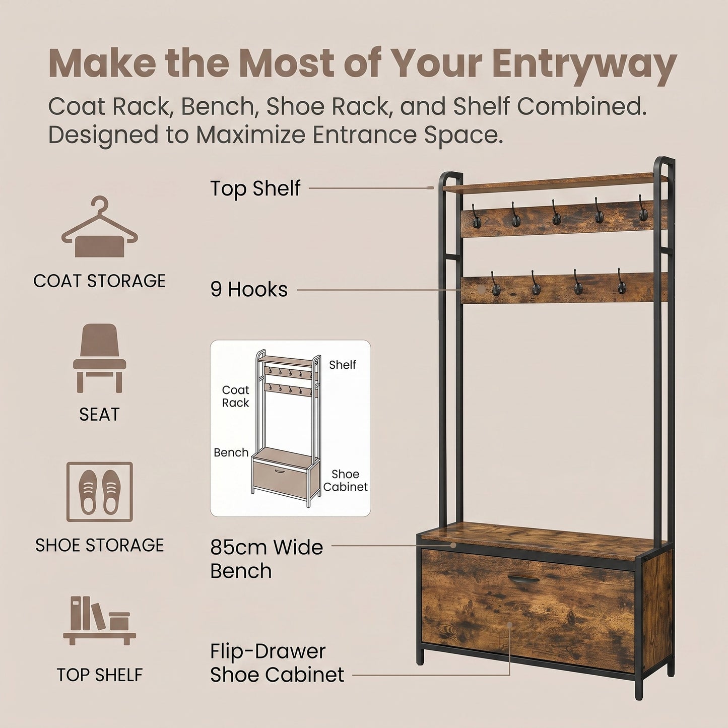 Coat Rack with Shoe Storage, Hall Tree with Bench, for Hallway - image 8