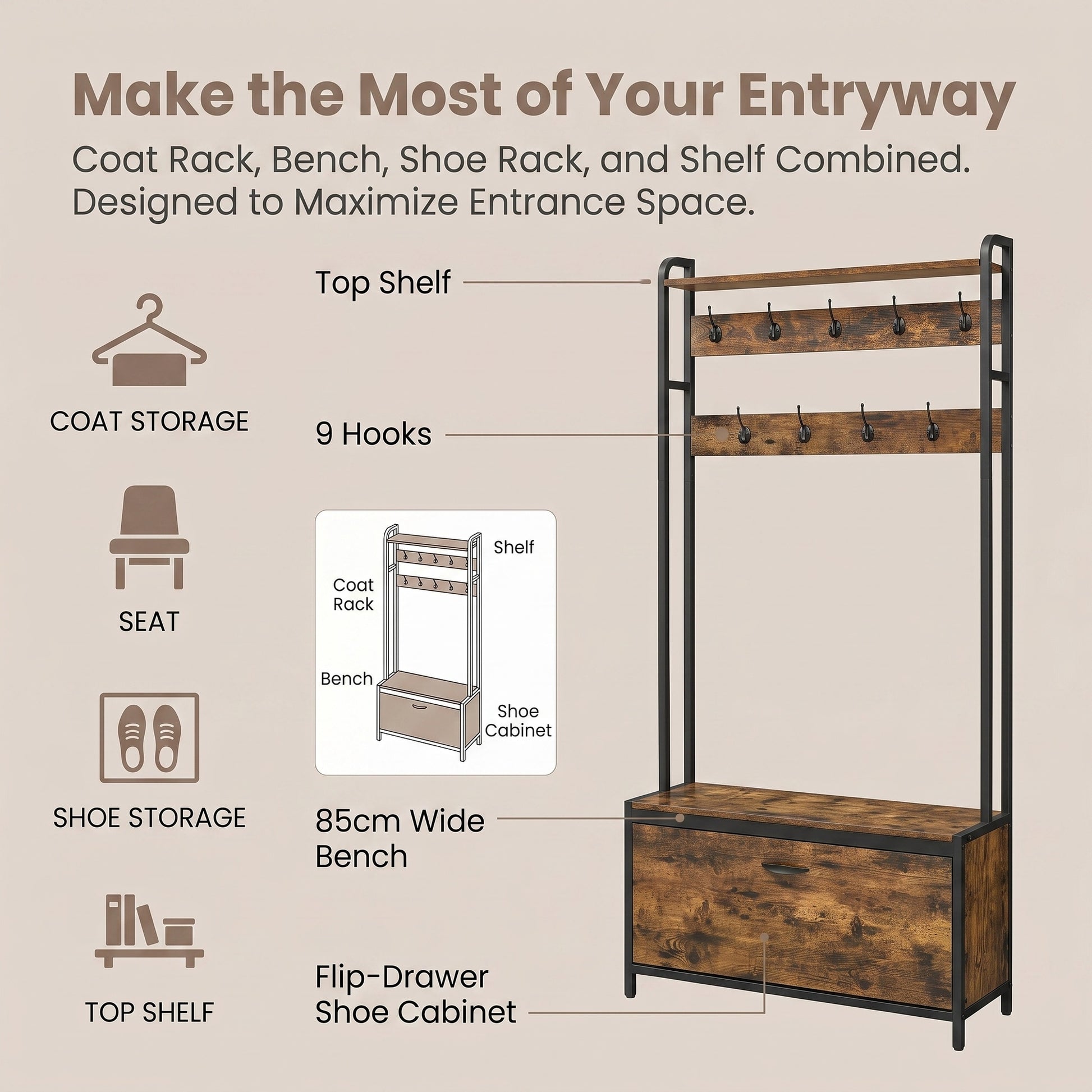 Coat Rack with Shoe Storage, Hall Tree with Bench, for Hallway - image 8