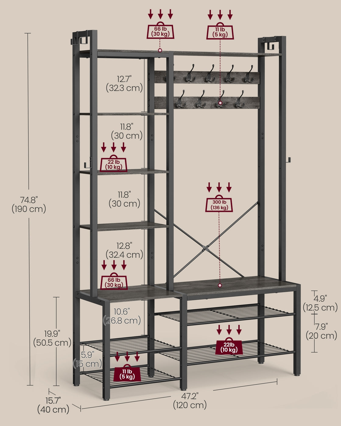 9 Hook Coat Rack with Shoe Bench - image 20