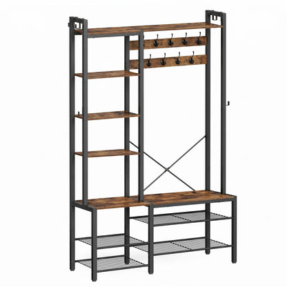 Hallway Coat and Shoe Rack with Bench, Shelves, 40 x 120 x 190 cm, Brown - image 1