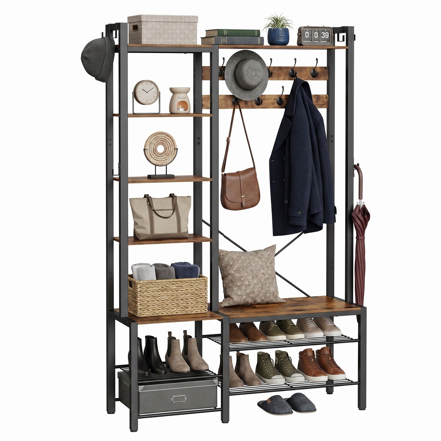 Hallway Coat and Shoe Rack with Bench, Shelves, 40 x 120 x 190 cm, Brown - image 2