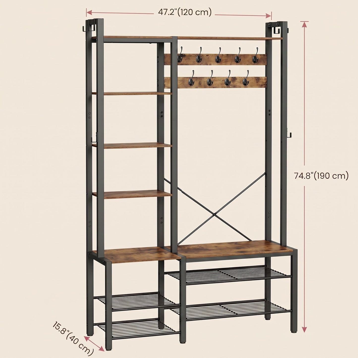 Hallway Coat and Shoe Rack with Bench, Shelves, 40 x 120 x 190 cm, Brown - image 3