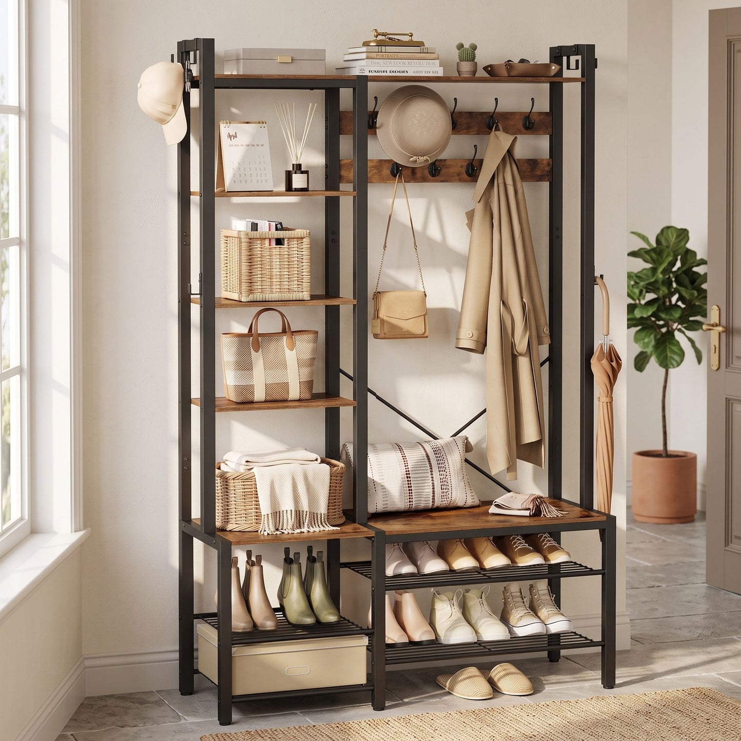 Hallway Coat and Shoe Rack with Bench, Shelves, 40 x 120 x 190 cm, Brown - image 4