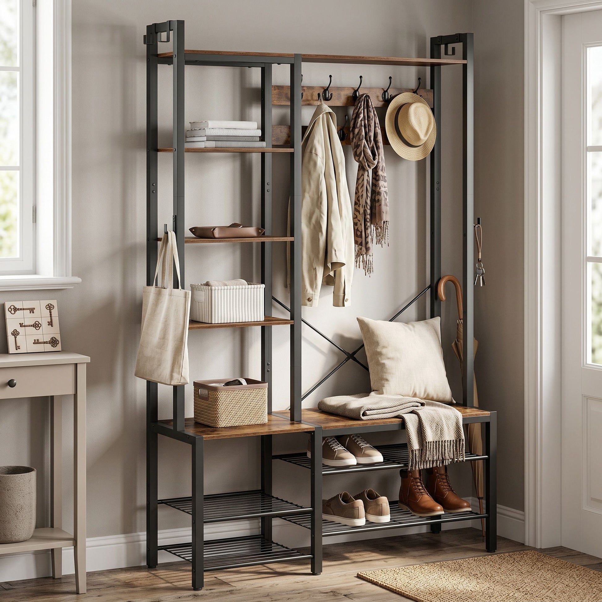 Hallway Coat and Shoe Rack with Bench, Shelves, 40 x 120 x 190 cm, Brown - image 5