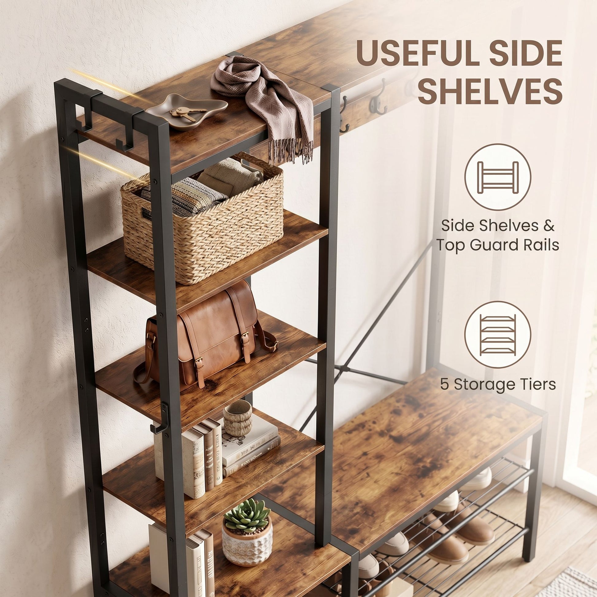 Hallway Coat and Shoe Rack with Bench, Shelves, 40 x 120 x 190 cm, Brown - image 6