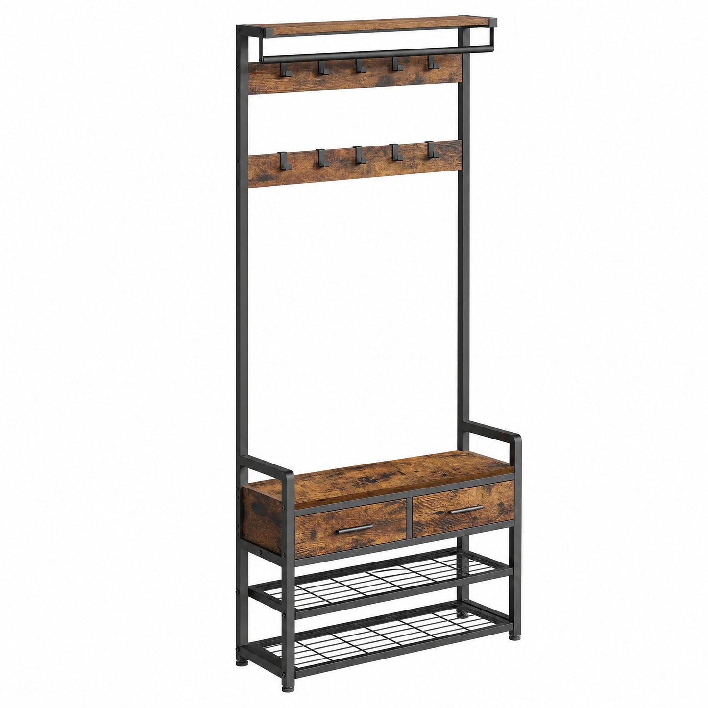 Hallway Coat and Shoe Rack with Bench and Drawers, Brown - image 8