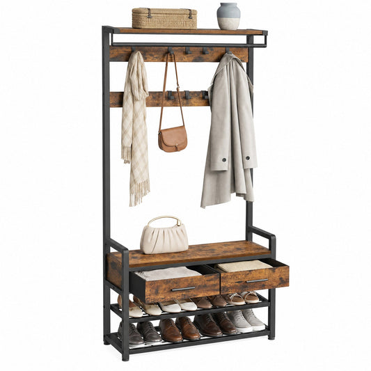 Hallway Coat and Shoe Rack with Bench and Drawers, Brown - image 1