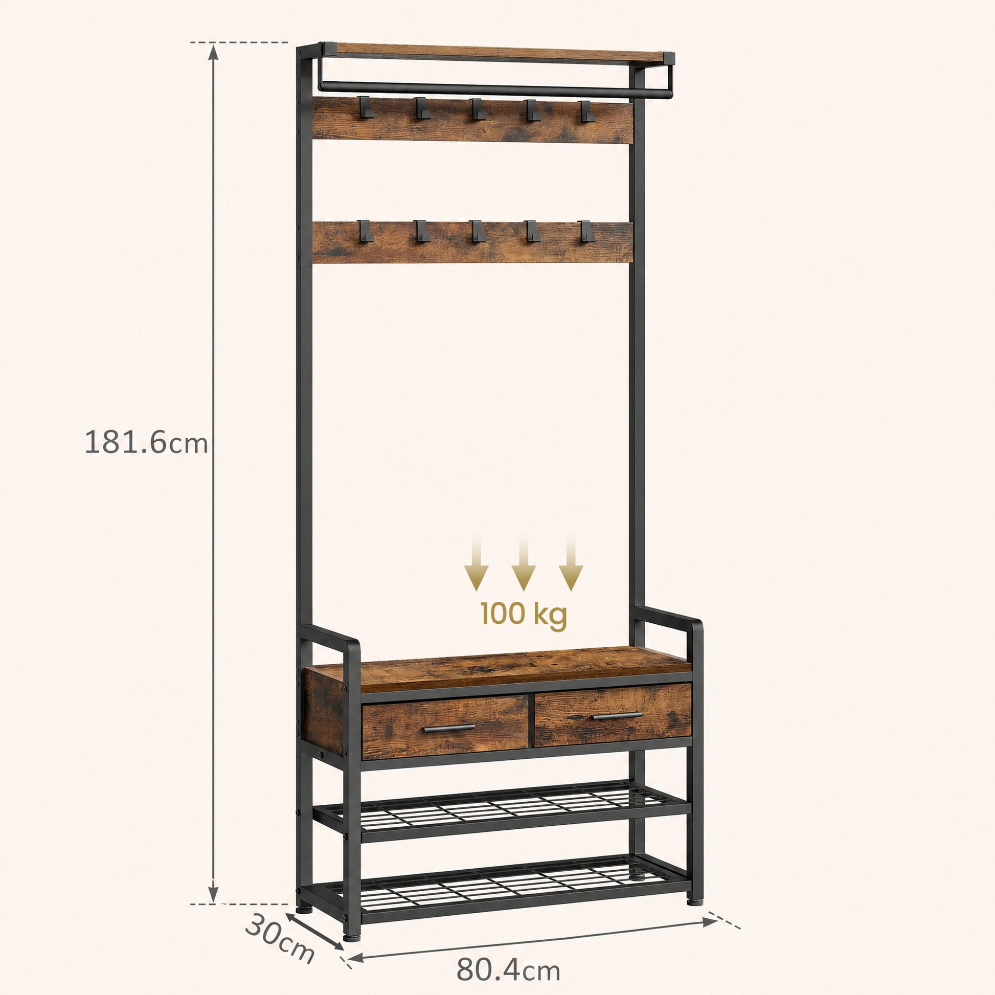 Hallway Coat and Shoe Rack with Bench and Drawers, Brown - image 3