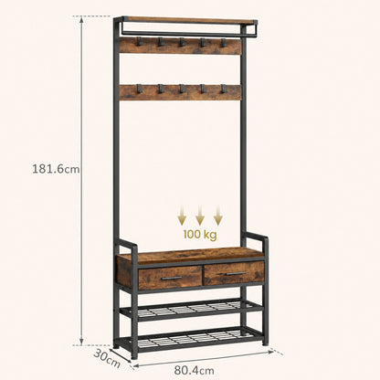 Hallway Coat and Shoe Rack with Bench and Drawers, Brown - image 3