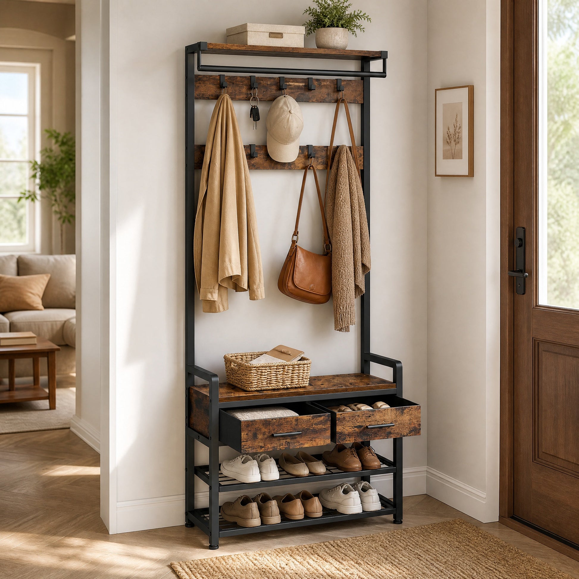 Hallway Coat and Shoe Rack with Bench and Drawers, Brown - image 2