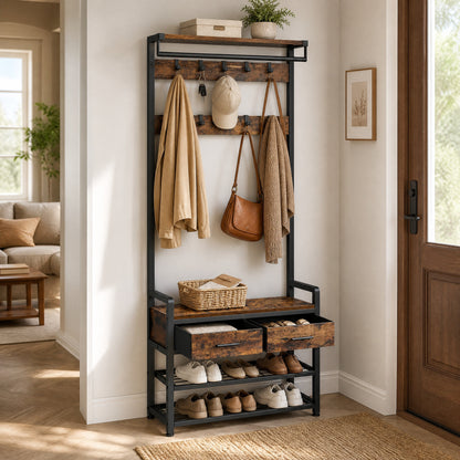 Hallway Coat and Shoe Rack with Bench and Drawers, Brown - image 2