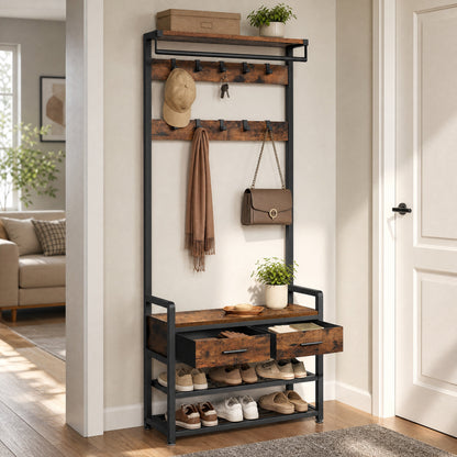 Hallway Coat and Shoe Rack with Bench and Drawers, Brown - image 7