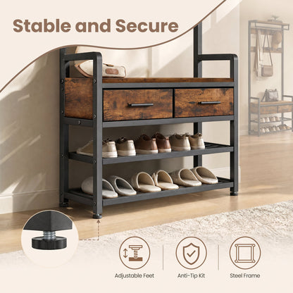 Hallway Coat and Shoe Rack with Bench and Drawers, Brown - image 4