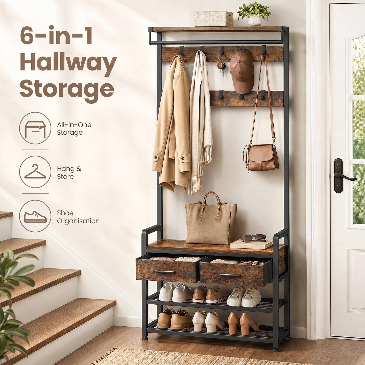 Hallway Coat and Shoe Rack with Bench and Drawers, Brown - image 6