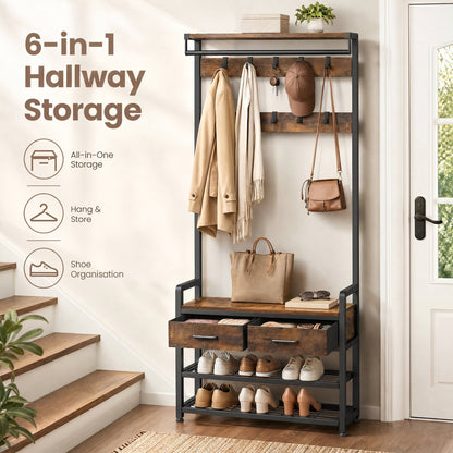 Hallway Coat and Shoe Rack with Bench and Drawers, Brown - image 6