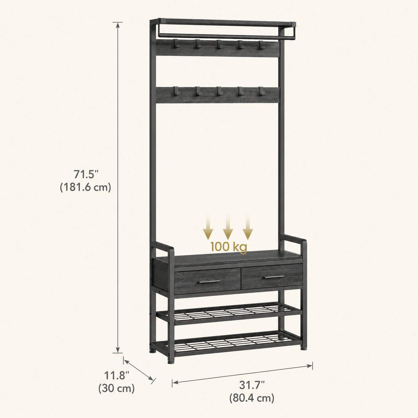 Hallway Coat and Shoe Rack with Bench and Drawers, Brown - image 11