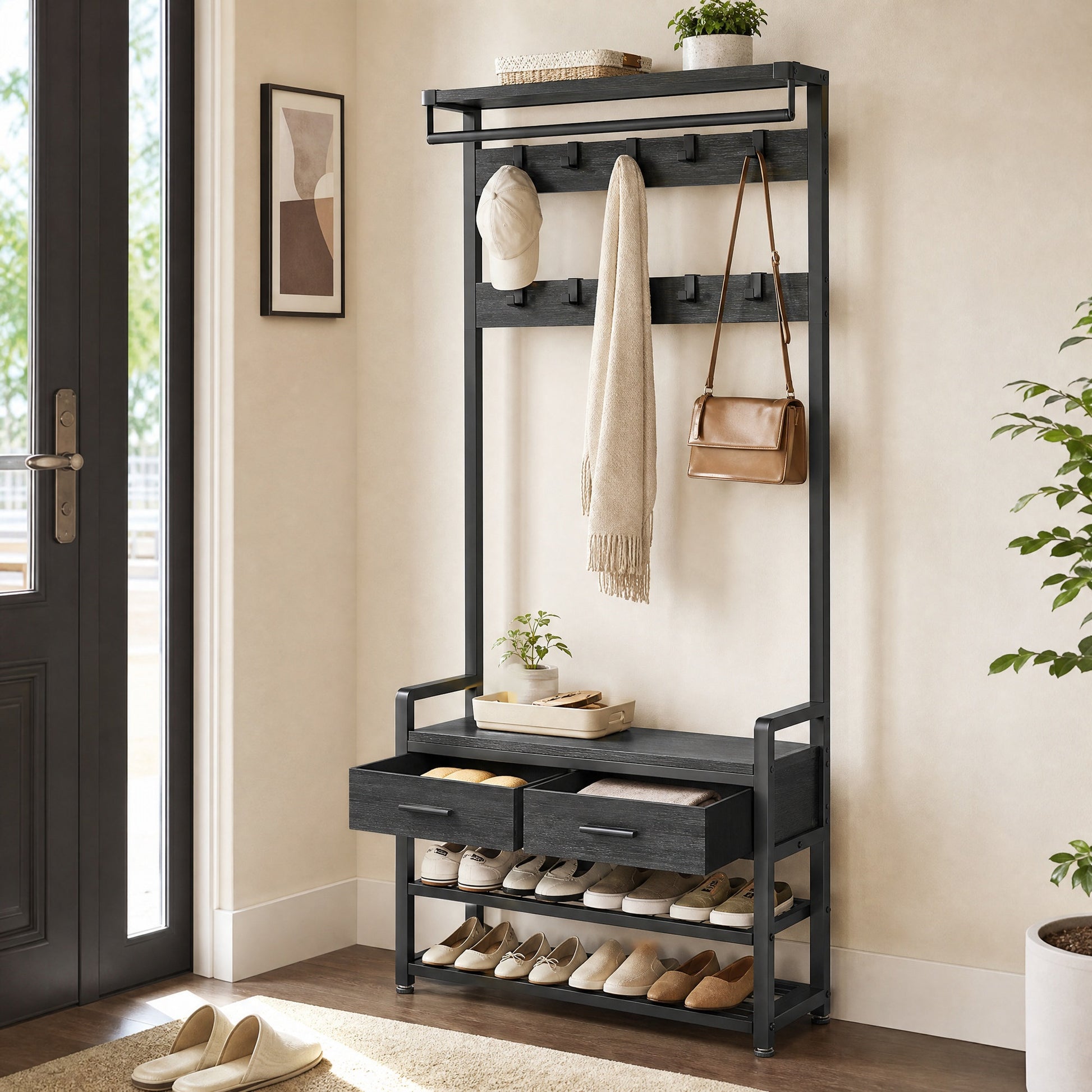 Hallway Coat and Shoe Rack with Bench and Drawers, Brown - image 15