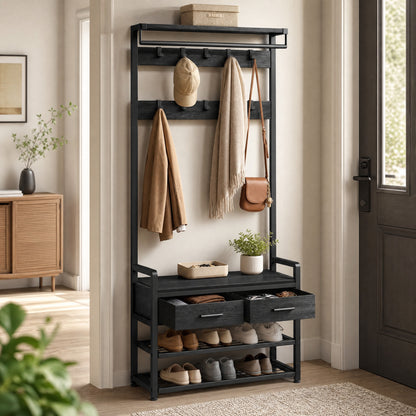 Hallway Coat and Shoe Rack with Bench and Drawers, Brown - image 10