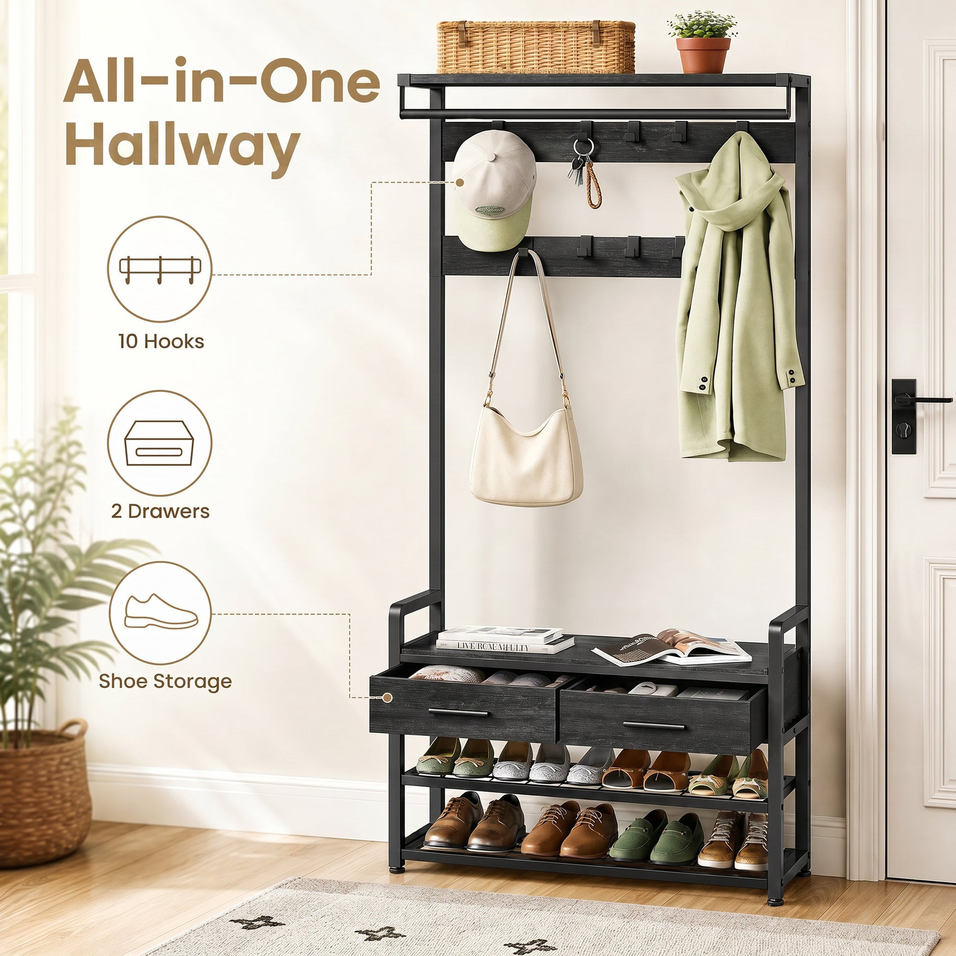 Hallway Coat and Shoe Rack with Bench and Drawers, Brown - image 12