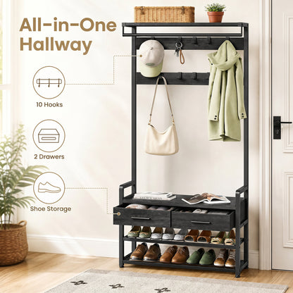 Hallway Coat and Shoe Rack with Bench and Drawers, Brown - image 12