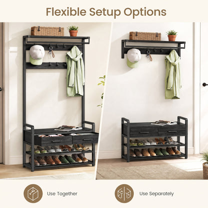Hallway Coat and Shoe Rack with Bench and Drawers, Brown - image 13