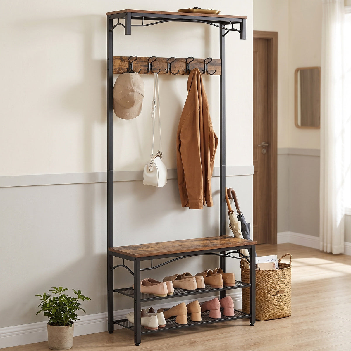 Hallway Coat and Shoe Rack with Bench, 32 x 80 x 178.5 cm, Brown - image 5