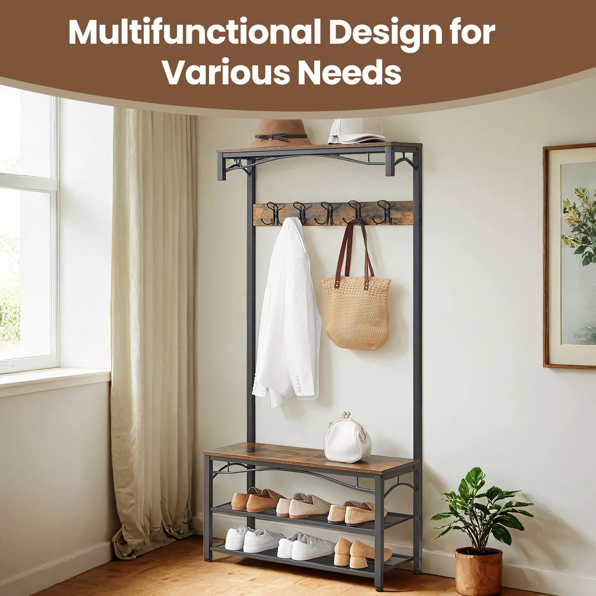 Hallway Coat and Shoe Rack with Bench, 32 x 80 x 178.5 cm, Brown - image 6