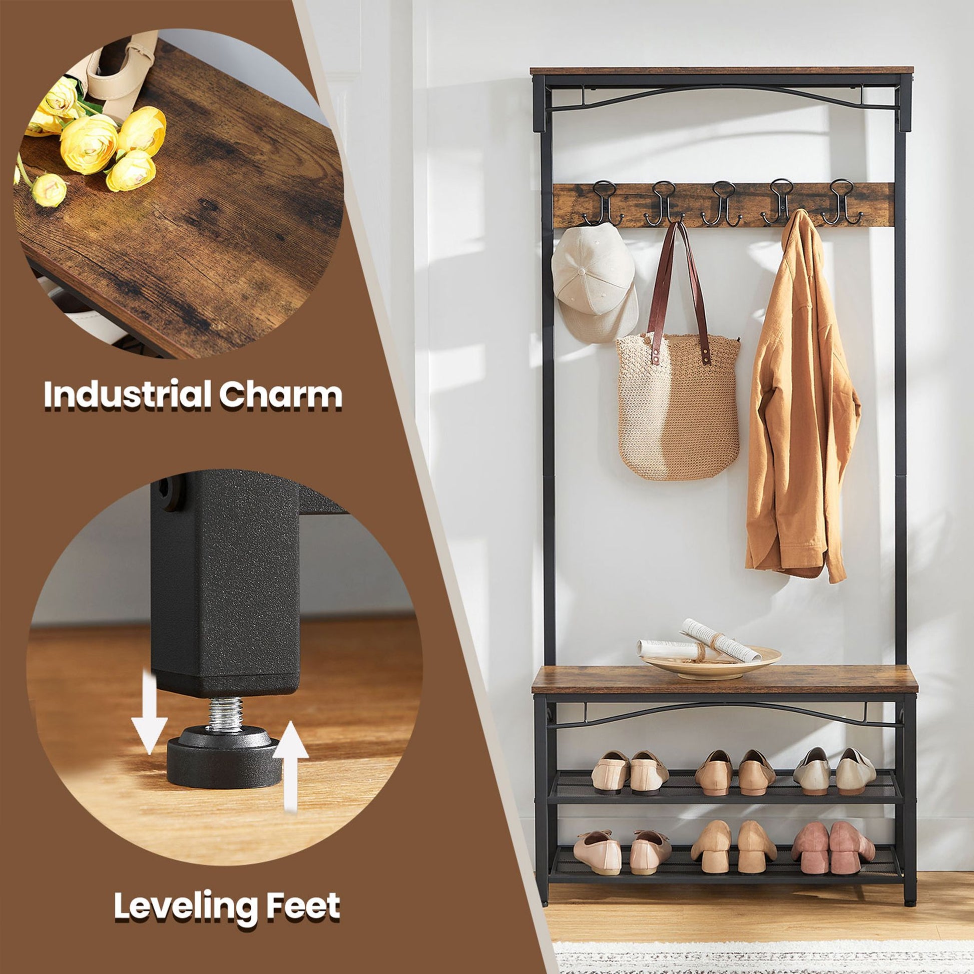 Hallway Coat and Shoe Rack with Bench, 32 x 80 x 178.5 cm, Brown - image 8