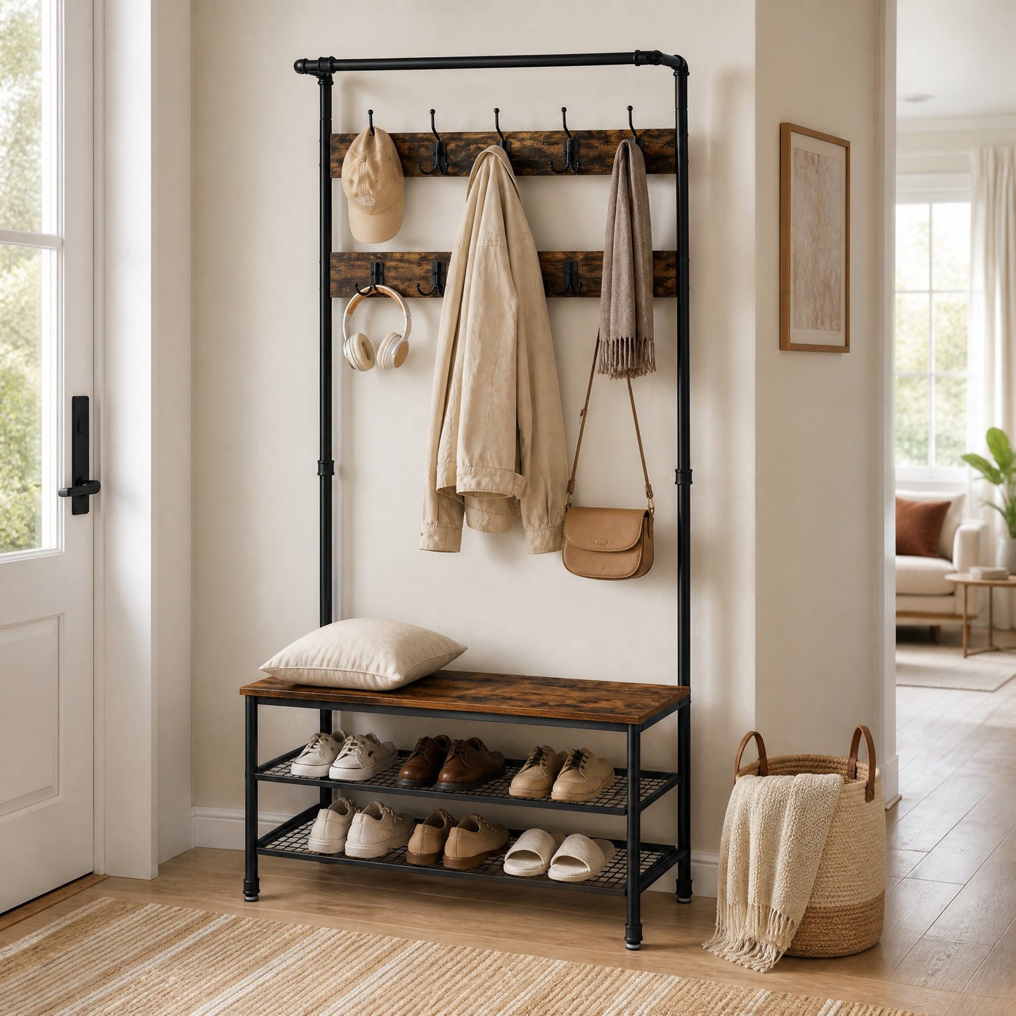 Hall Tree with Shoe Storage Bench for Entryway, Coat Rack, with 9 Hooks - image 4