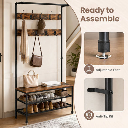 Hall Tree with Shoe Storage Bench for Entryway, Coat Rack, with 9 Hooks - image 7