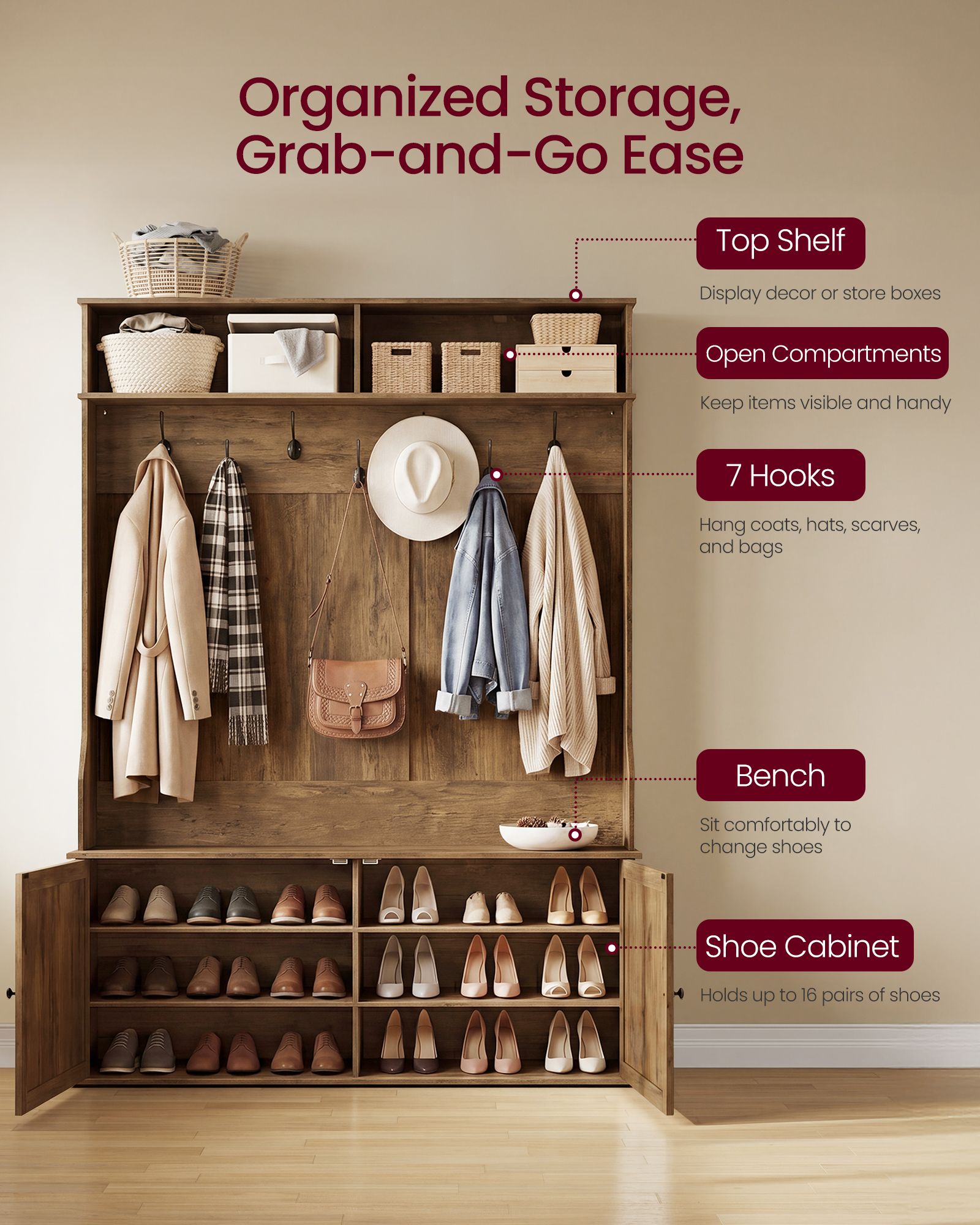 Hall Tree with Bench and Shoe Storage - image 4