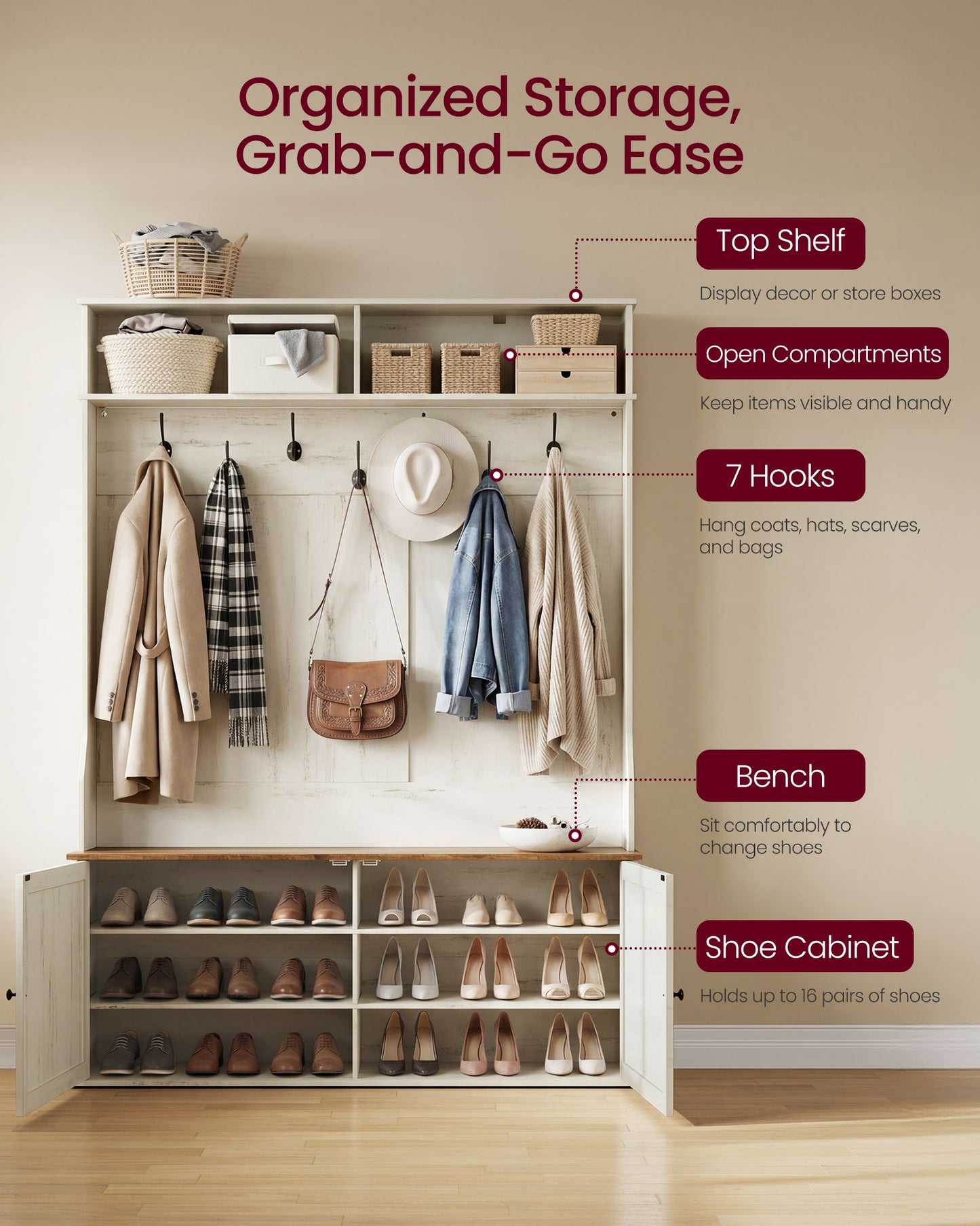 Hall Tree with Bench and Shoe Storage - image 2