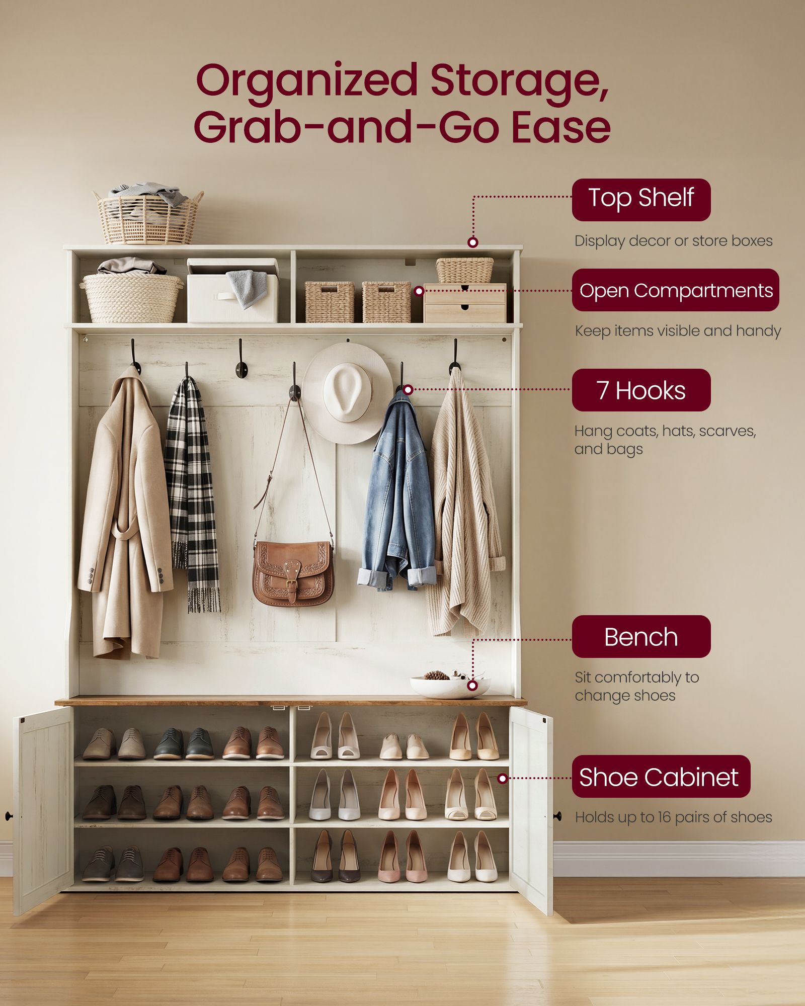 Hall Tree with Bench and Shoe Storage - image 2