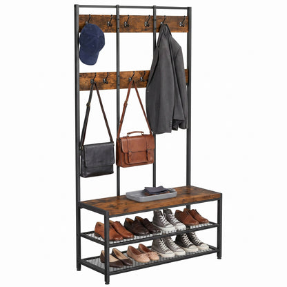 Large Hallway Coat and Shoe Rack with Bench, Brown - image 1